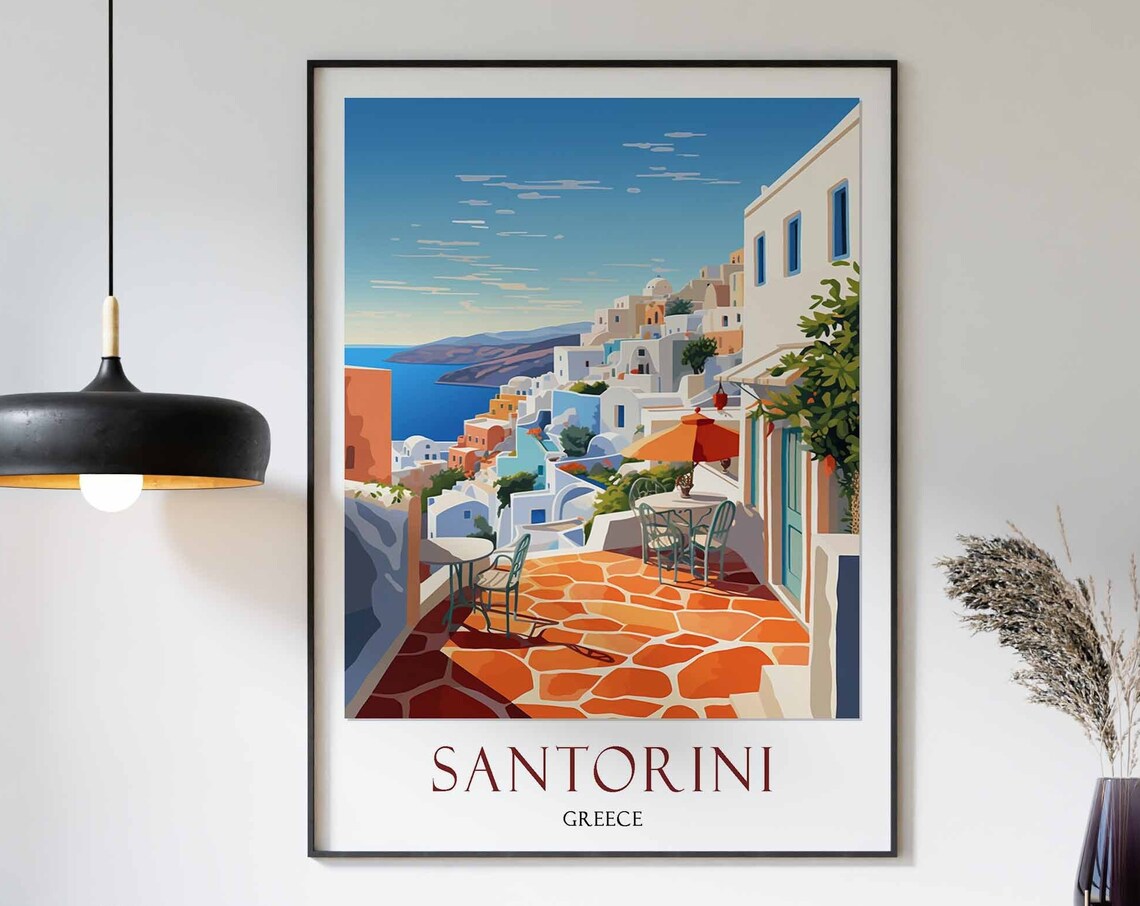 Santorini Cafe Terrace Sea View Warm Red Text Travel Gift Print