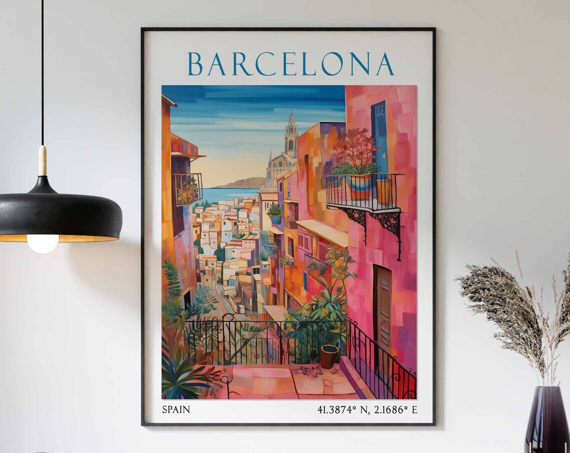 Barcelona Street with Pink Buildings and Church Spire Poster