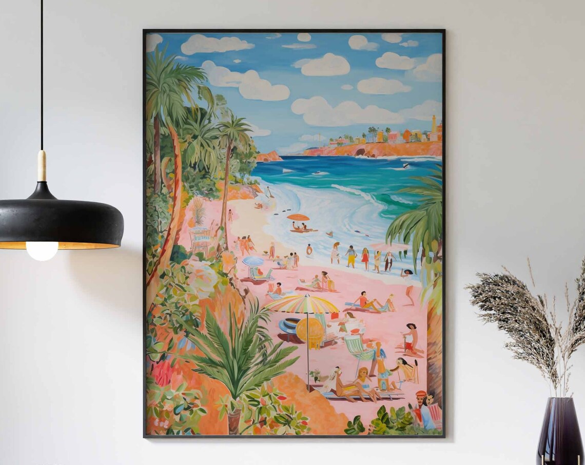 Crowded Pink Beach Surf Waves Rocky Headland Summer Day Poster