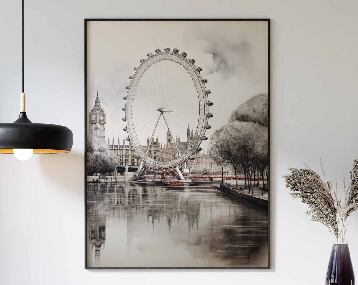 London Eye Black and White Ink Sketch Poster over the Thames