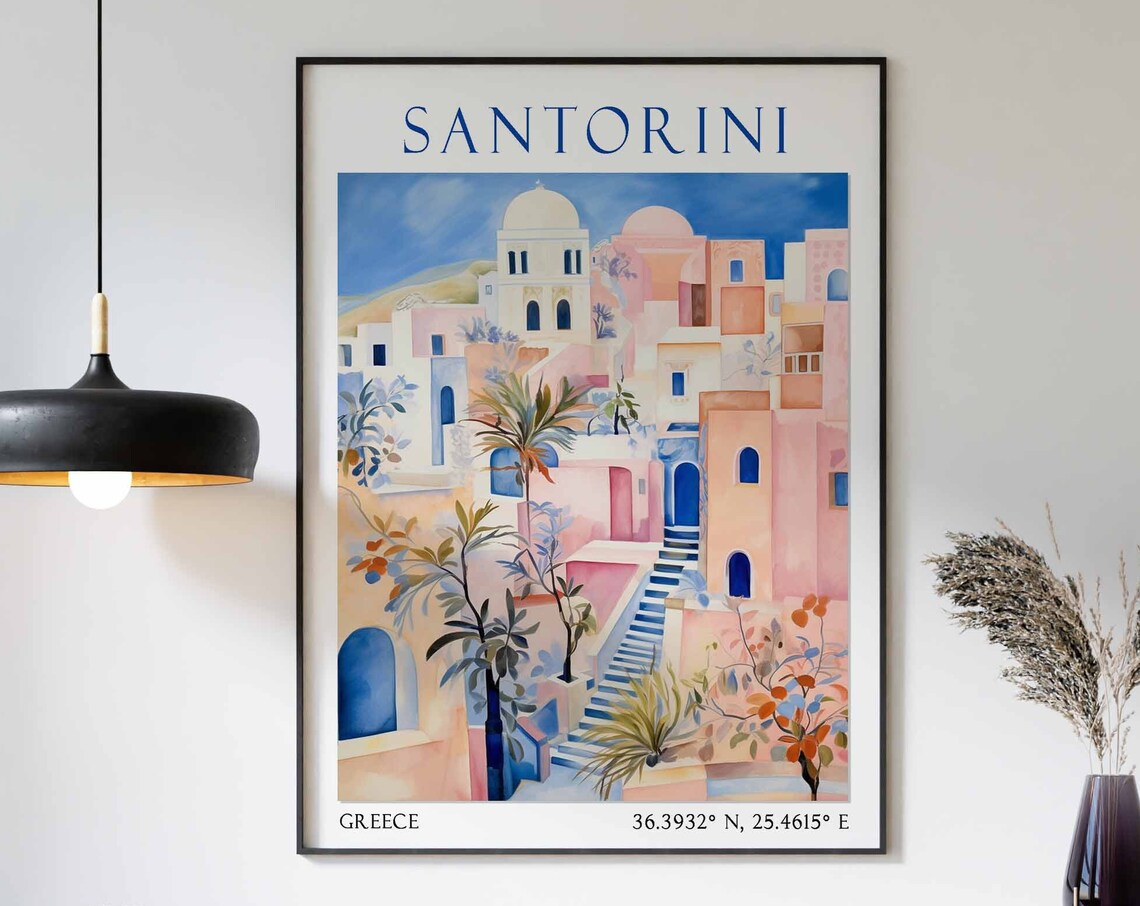 Santorini Pastel Hillside Village Blue Stairs Watercolor Travel Poster