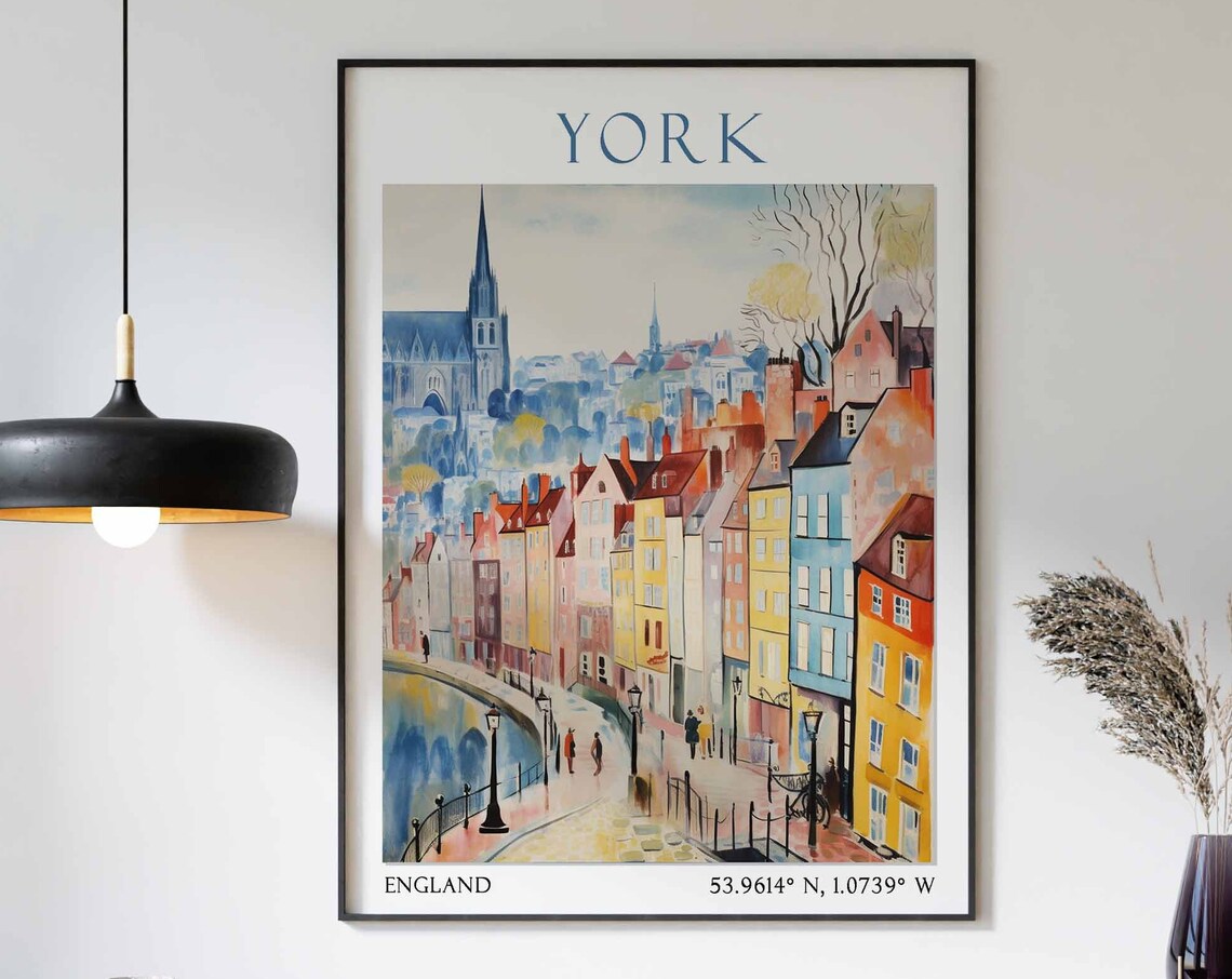 York England Riverside Colorful Houses Cathedral Spire Poster