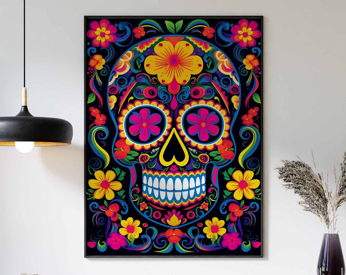 Rainbow Sugar Skull Floral Mandala Poster with Flowers on Black