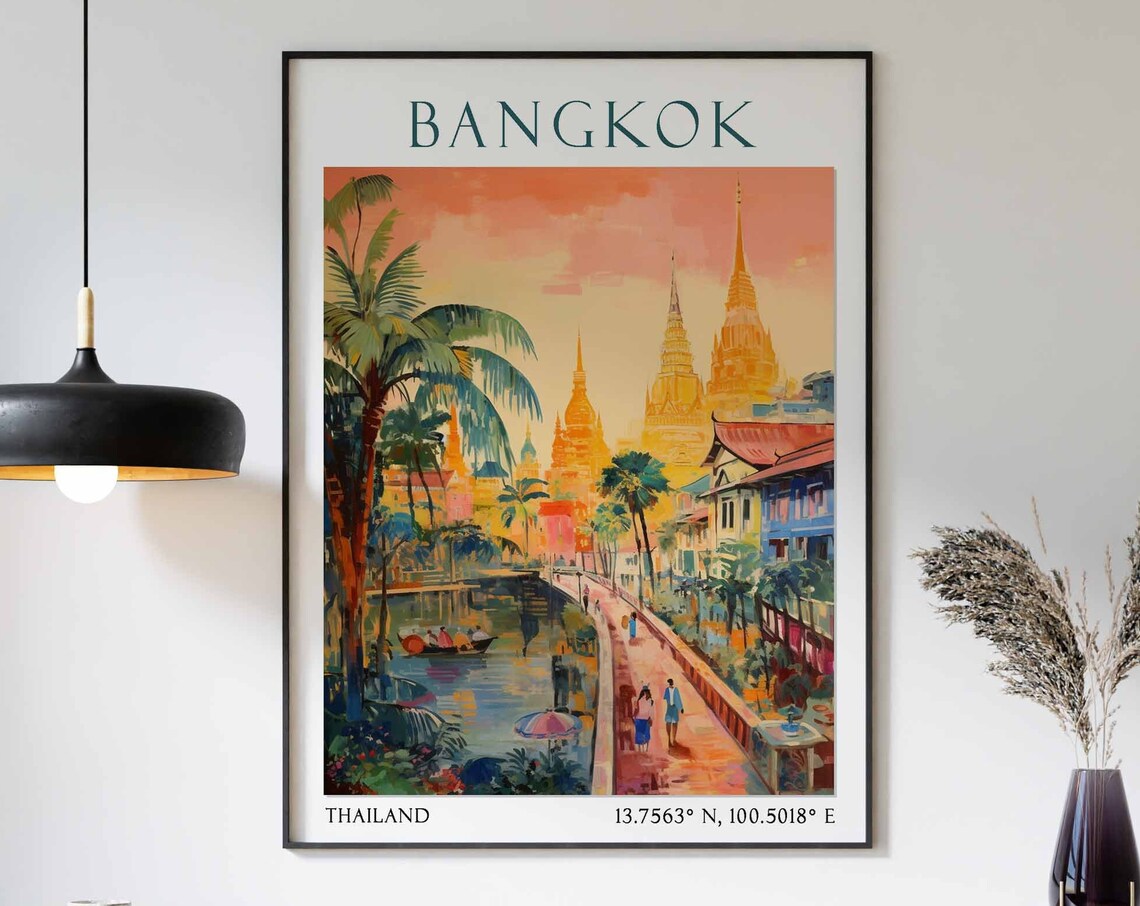 Bangkok Canal with Temple Spires Under a Golden Sunset Poster Art