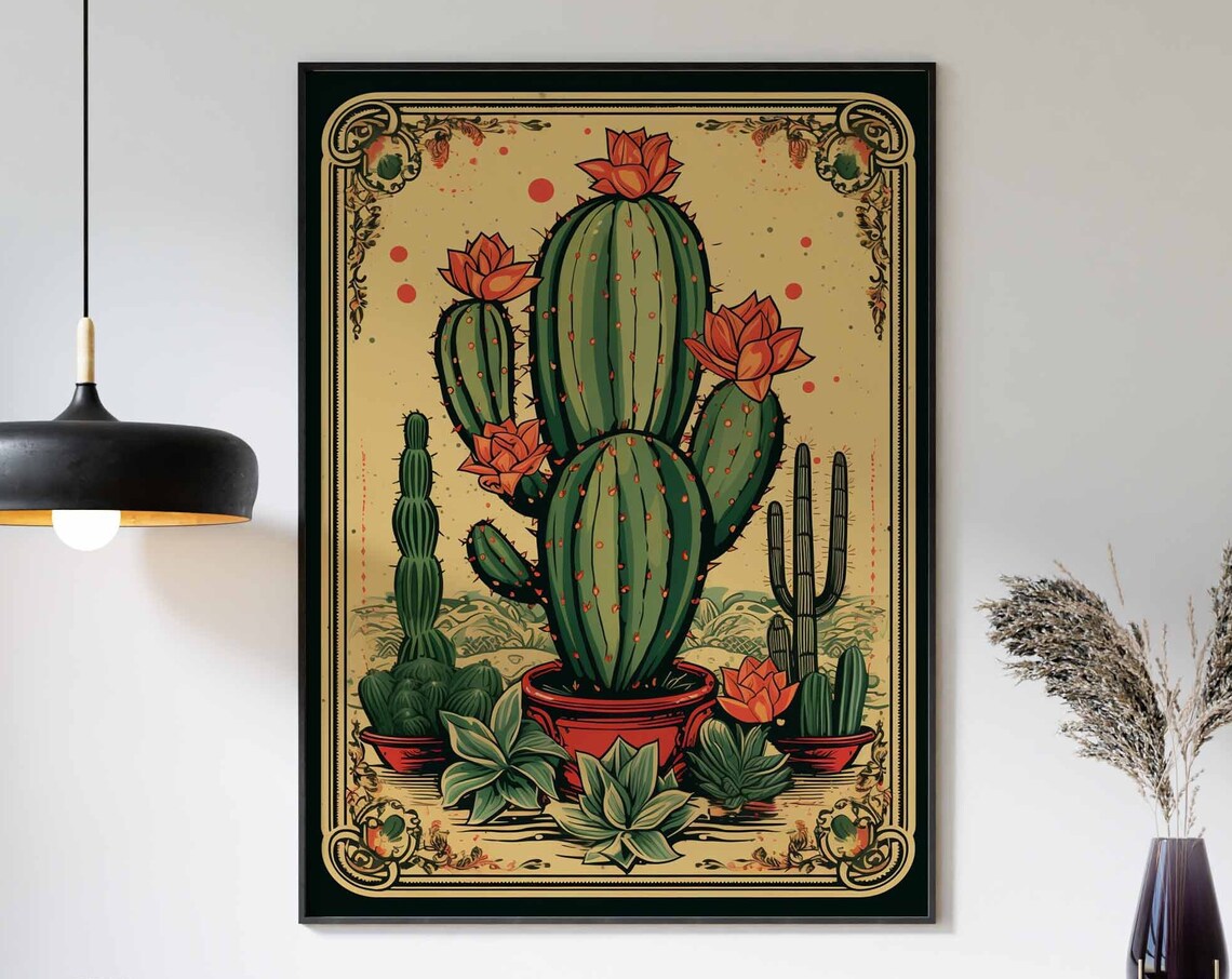 Rustic Blooming Prickly Pear Cactus Ornate Border Mexican Wall Art