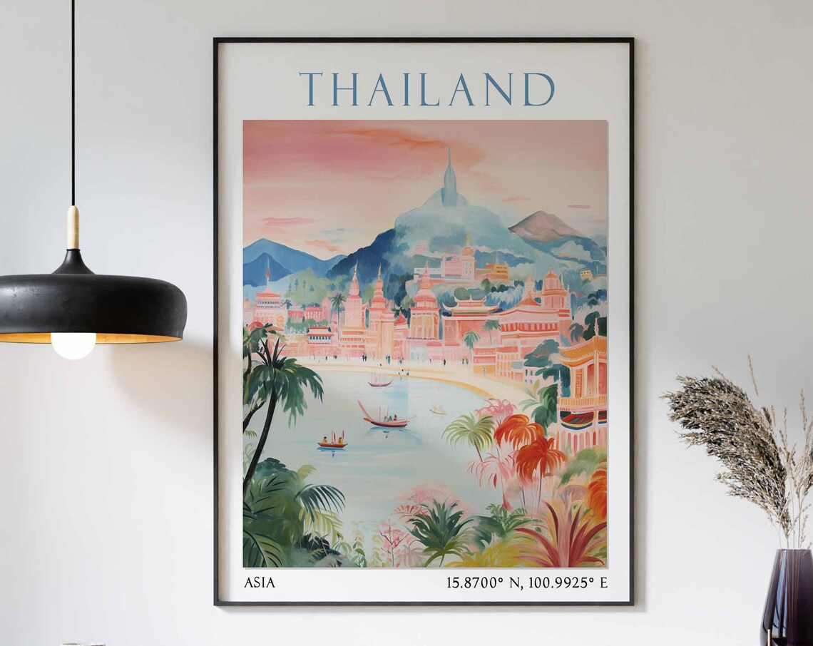 Thailand Pink Temple City Bay Boats Watercolor Travel Poster