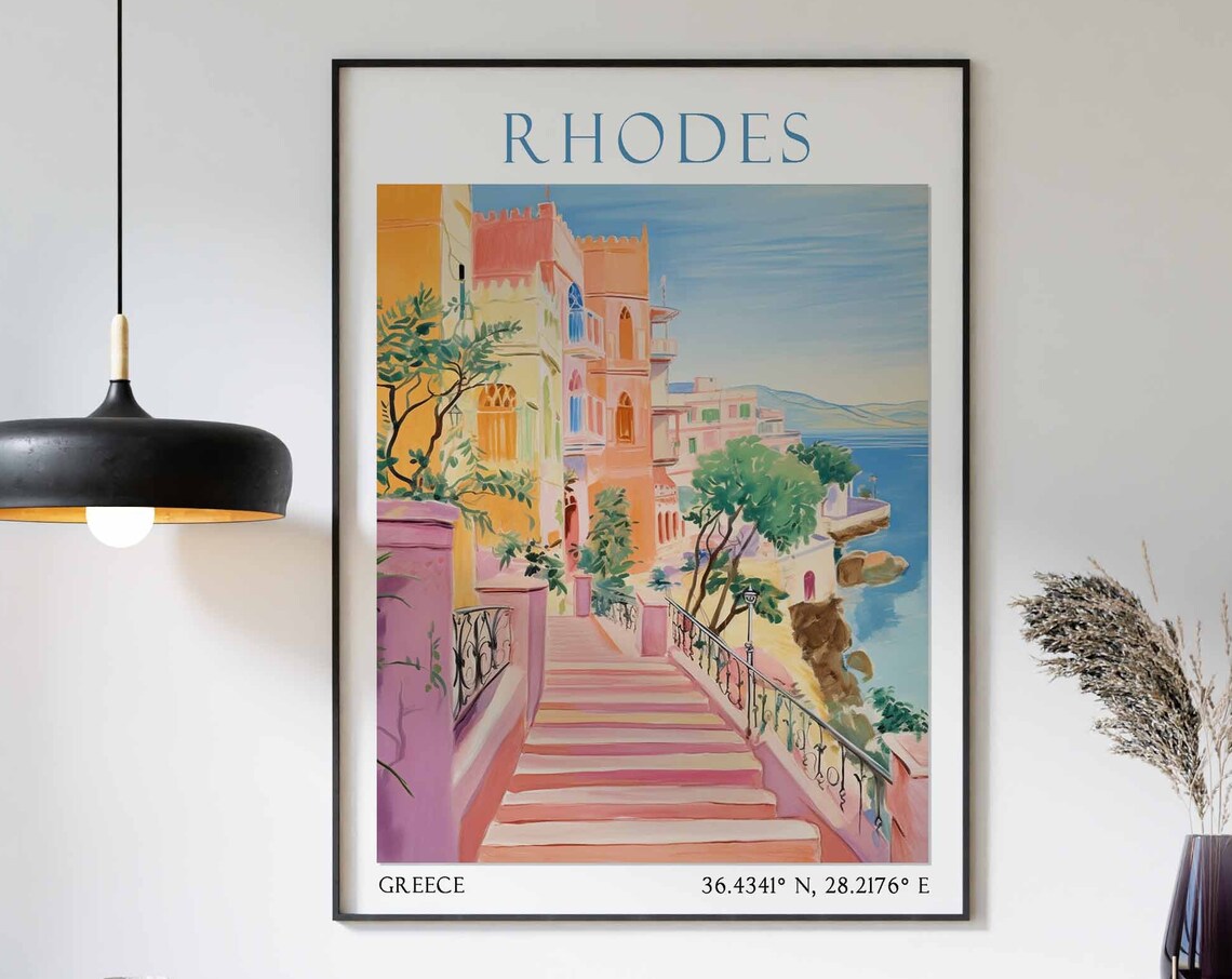 Rhodes Greece Pastel Staircase Old Town Overlooking the Sea Poster