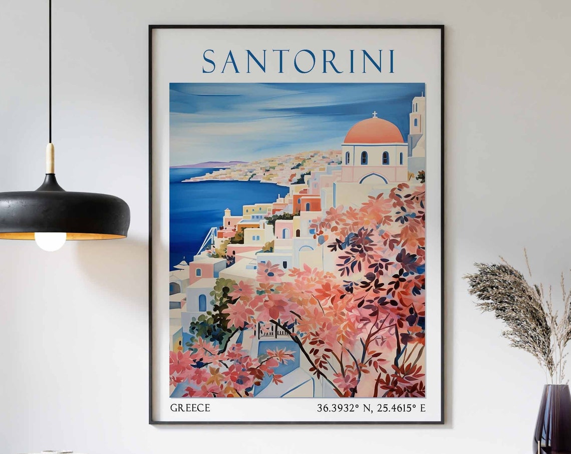 Santorini Cliff Village Red Dome Church Sea Watercolor Travel Poster