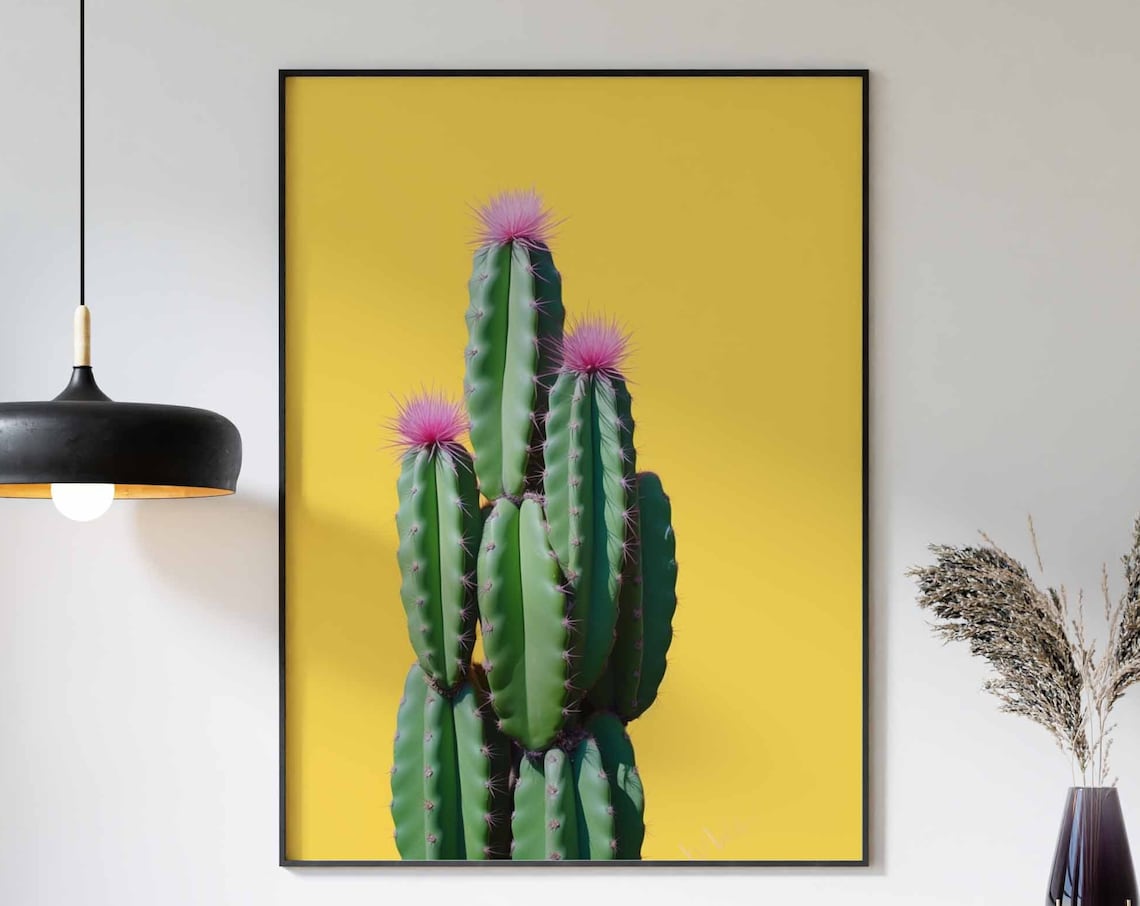 Columnar Cactus with Pink Fuzzy Blooms on a Yellow Background Poster