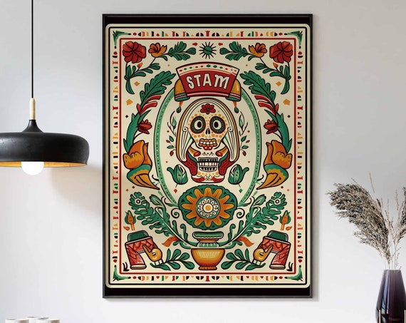 Mexican Print Mexican Poster Mexican Dcor Day Of The Dead Wall Decor Vintage Poster Vintage Art Skull Art Rustic Print
