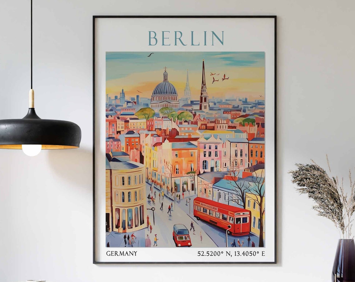 Berlin Skyline at Sunset with Cathedral Dome and Red Bus Poster