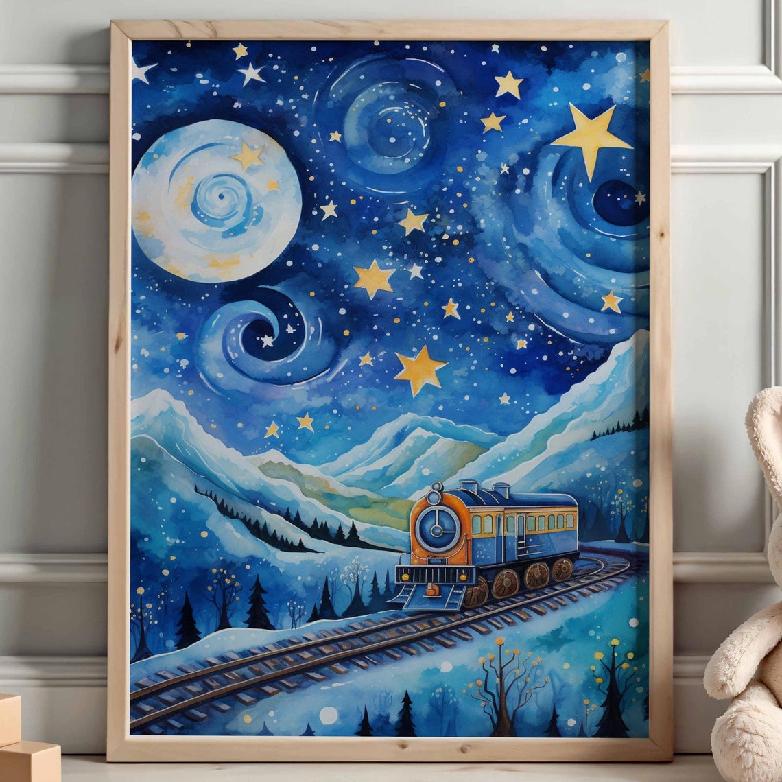 Winter Starry Night Train Snowy Mountains Swirling Sky Poster