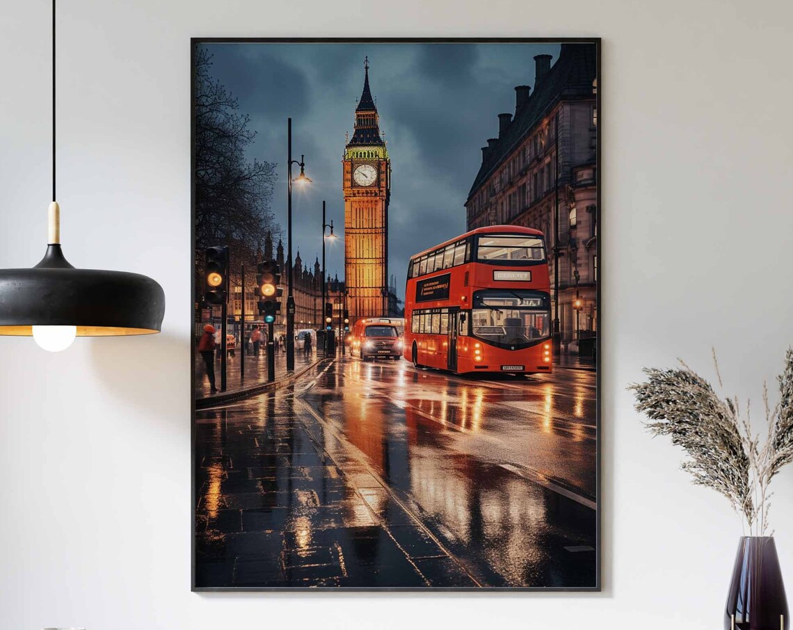 Big Ben Rainy Night Poster with Red Bus and Glowing Street Lights