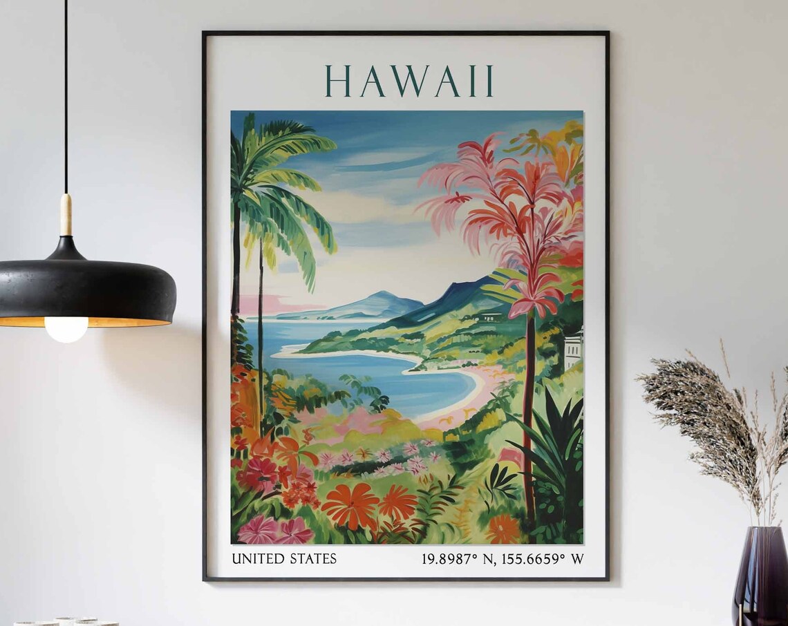Hawaii Tropical Cove Palm Hibiscus Mountain Watercolor Travel Poster