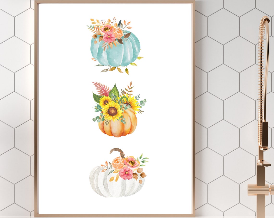 Three Watercolor Pumpkins Teal Orange White Sunflower Fall Poster - Image 3