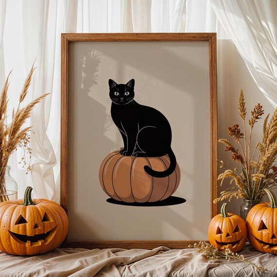 Black Cat Halloween Print Minimalist Pumpkin Fall Decor