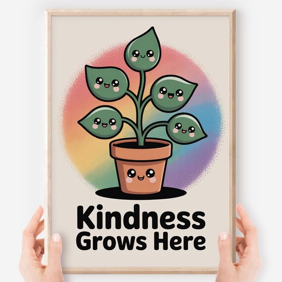 Kindness Grows Here Kawaii Potted Plant With Faces Classroom Poster