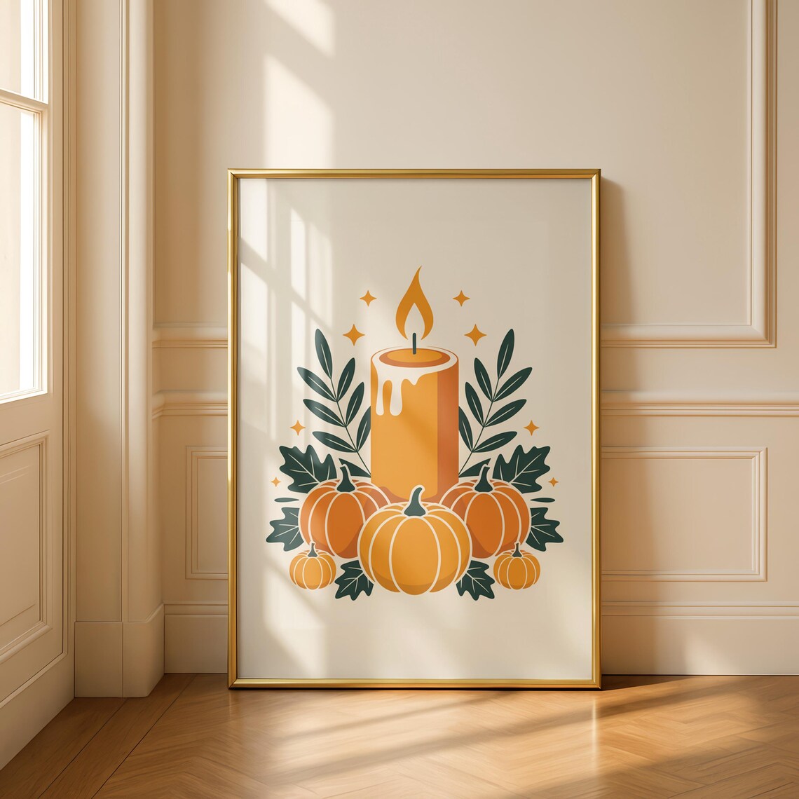 Thanksgiving Candle and Pumpkins Cozy Fall Harvest Illustration Decor Poster