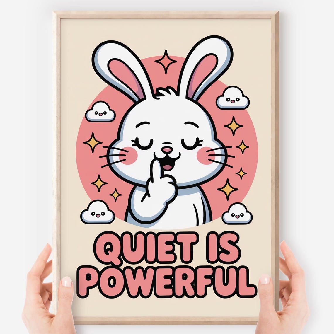 Quiet Is Powerful Kawaii Bunny Shushing With Clouds Classroom Poster
