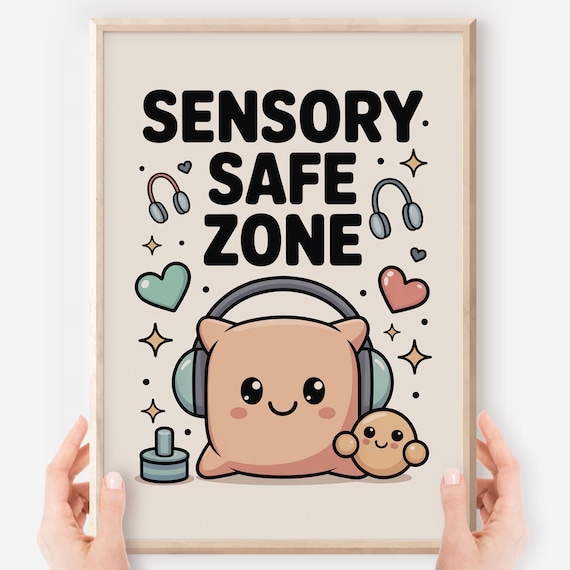 Sensory Safe Zone Kawaii Cushion Headphones Classroom Calm Corner Poster