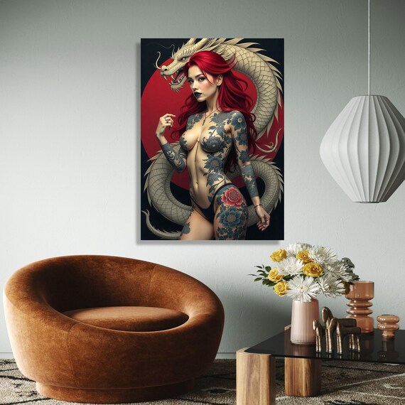 Intriguing Redhaired Woman With Floral Tattoos And White Dragon Canvas Bold Body Art Wall Decor Fantasy Gift Home Print