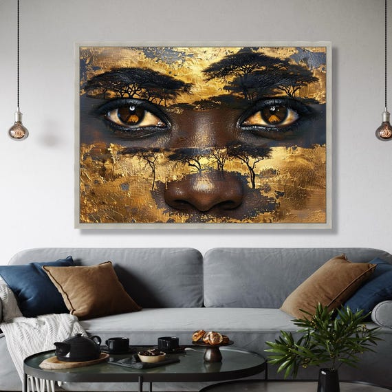Golden African Eyes Canvas Tribal Face Art Ethnic Wall Decor Abstract Portrait Painting Gift Home Print