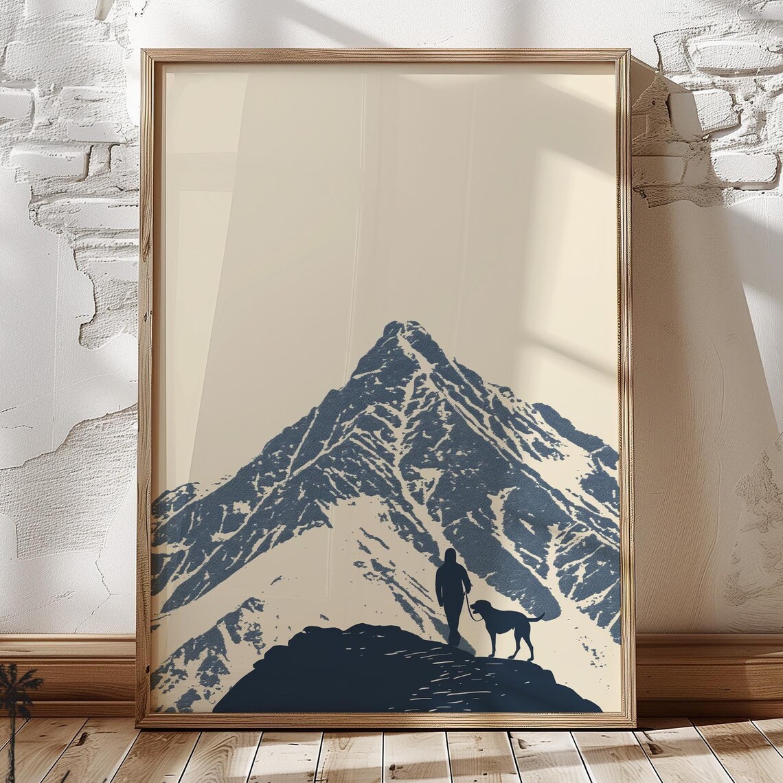 Hiker And Dog Watching Mountain Peak Minimalist Navy Adventure Art Poster