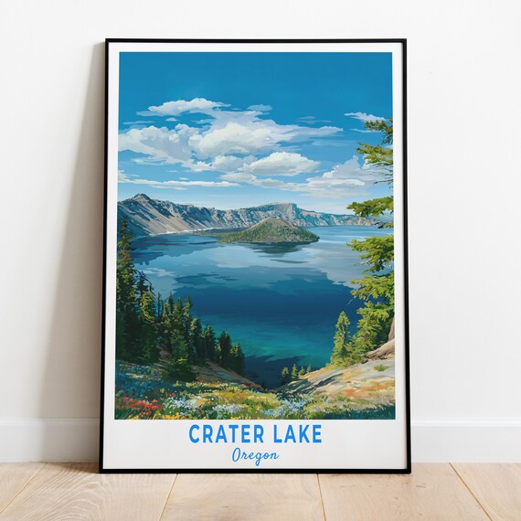 Crater Lake Oregon Deep Blue Caldera Wizard Island Travel Poster