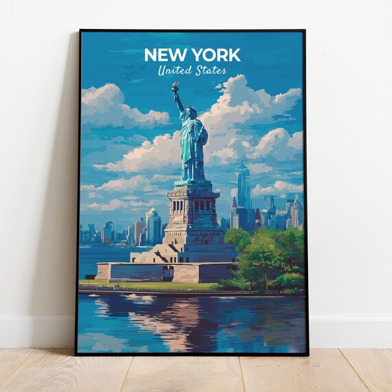 New York United States Statue of Liberty Skyline Vintage Travel Poster