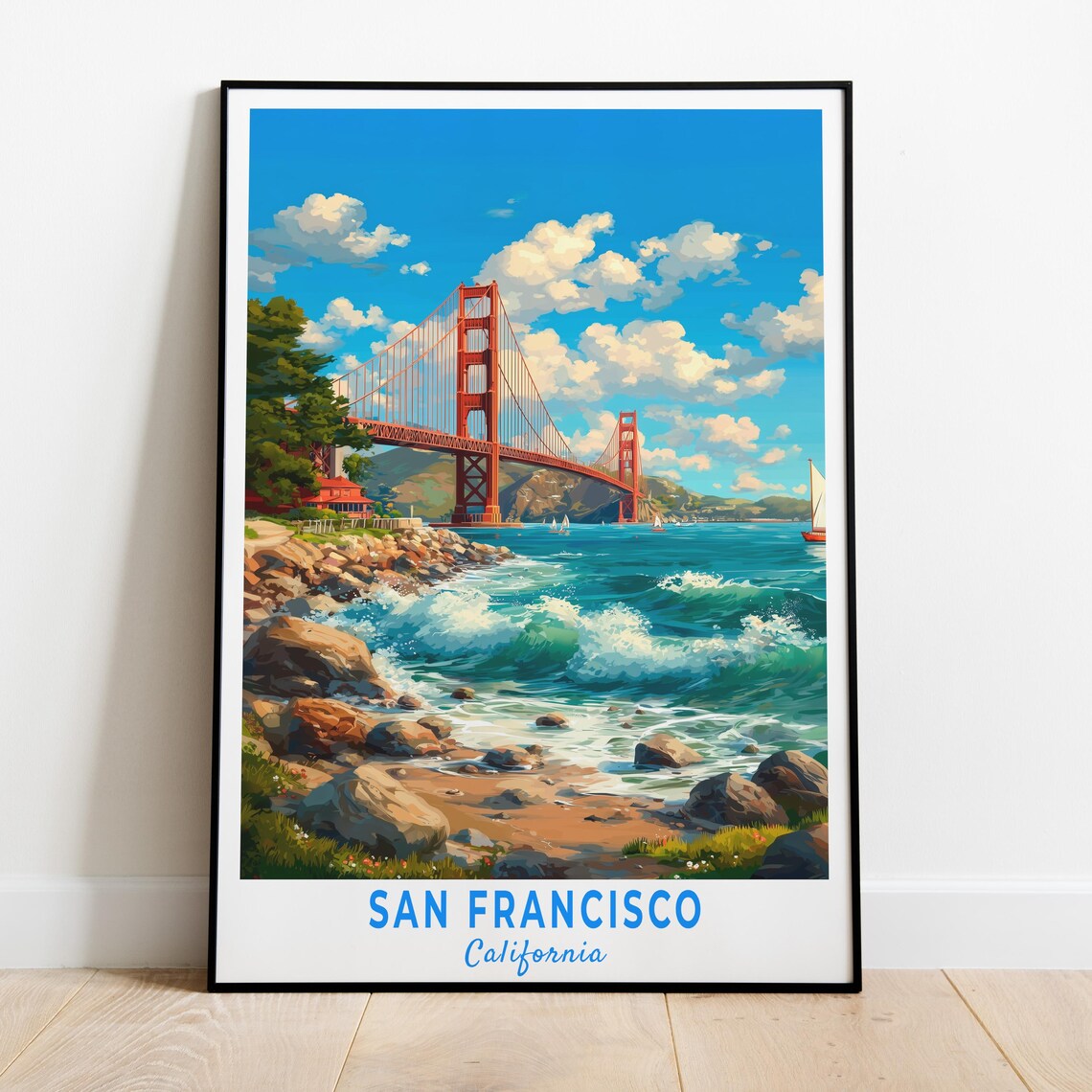 San Francisco Golden Gate Bridge Ocean Coast Sailboats Travel Poster