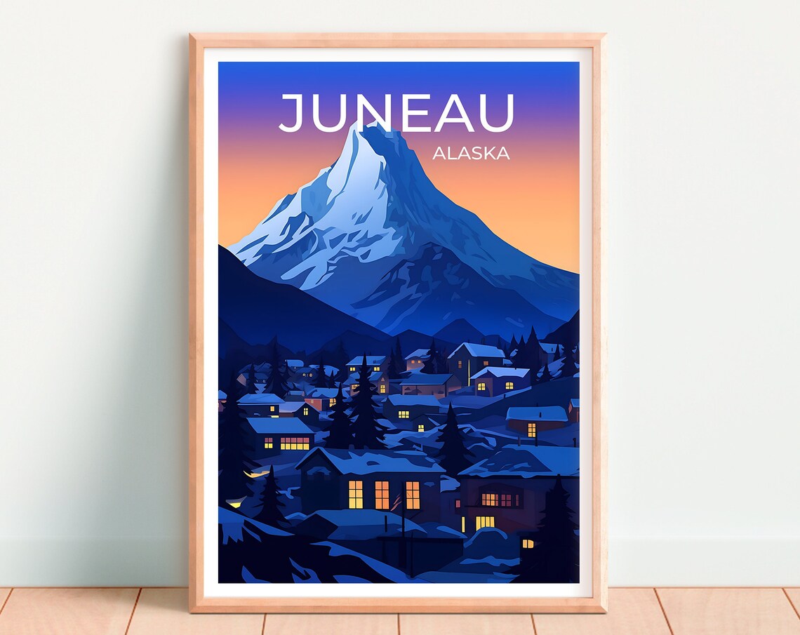 Juneau Alaska Snowy Mountain Peak Night Lights Travel Poster - Image 4