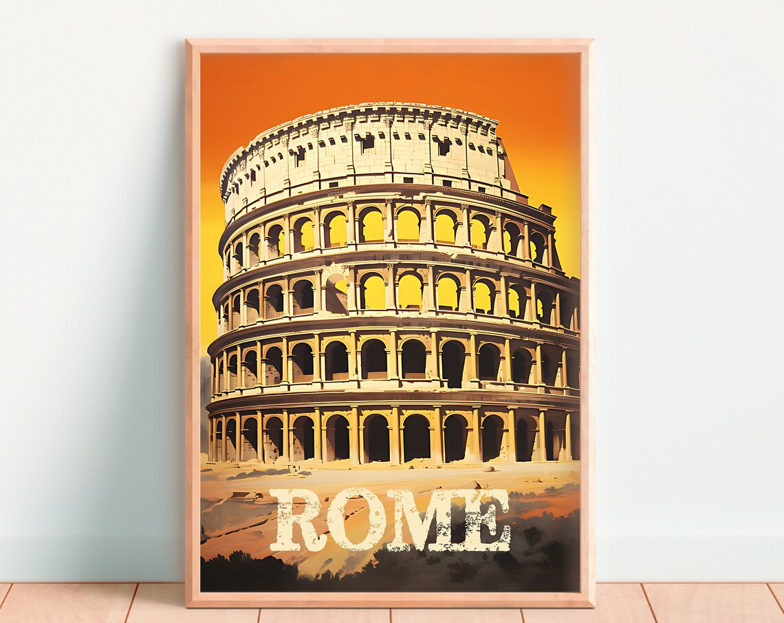 Rome Italy Colosseum Ancient Ruins Retro Orange Sky Travel Poster - Image 4