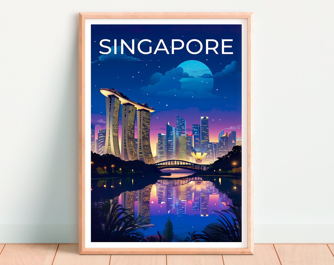 Singapore Marina Bay Sands Night Skyline Moonlit Bay View Poster - Image 4