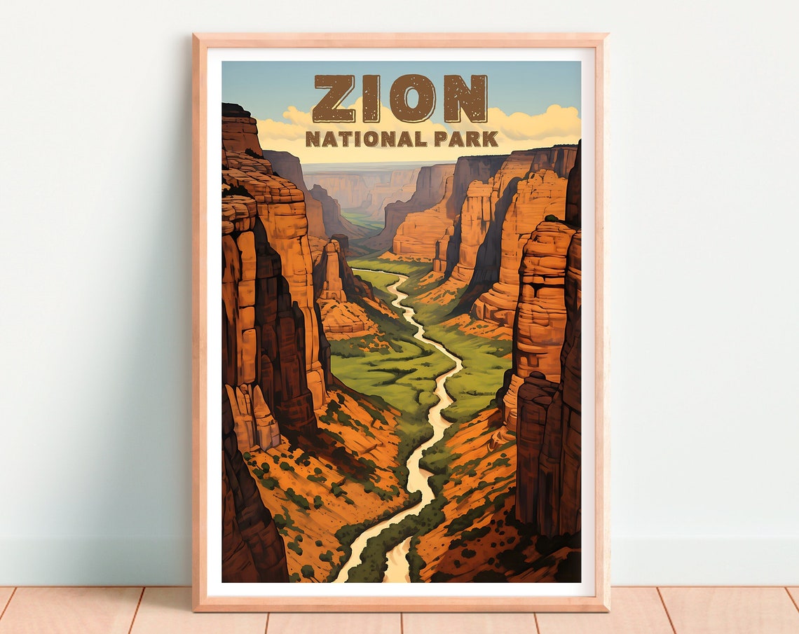 Zion National Park Red Canyon Cliffs Winding River Valley View Poster - Image 4
