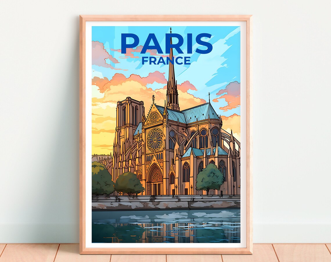 Paris France Notre Dame Cathedral Sunset River Seine View Poster