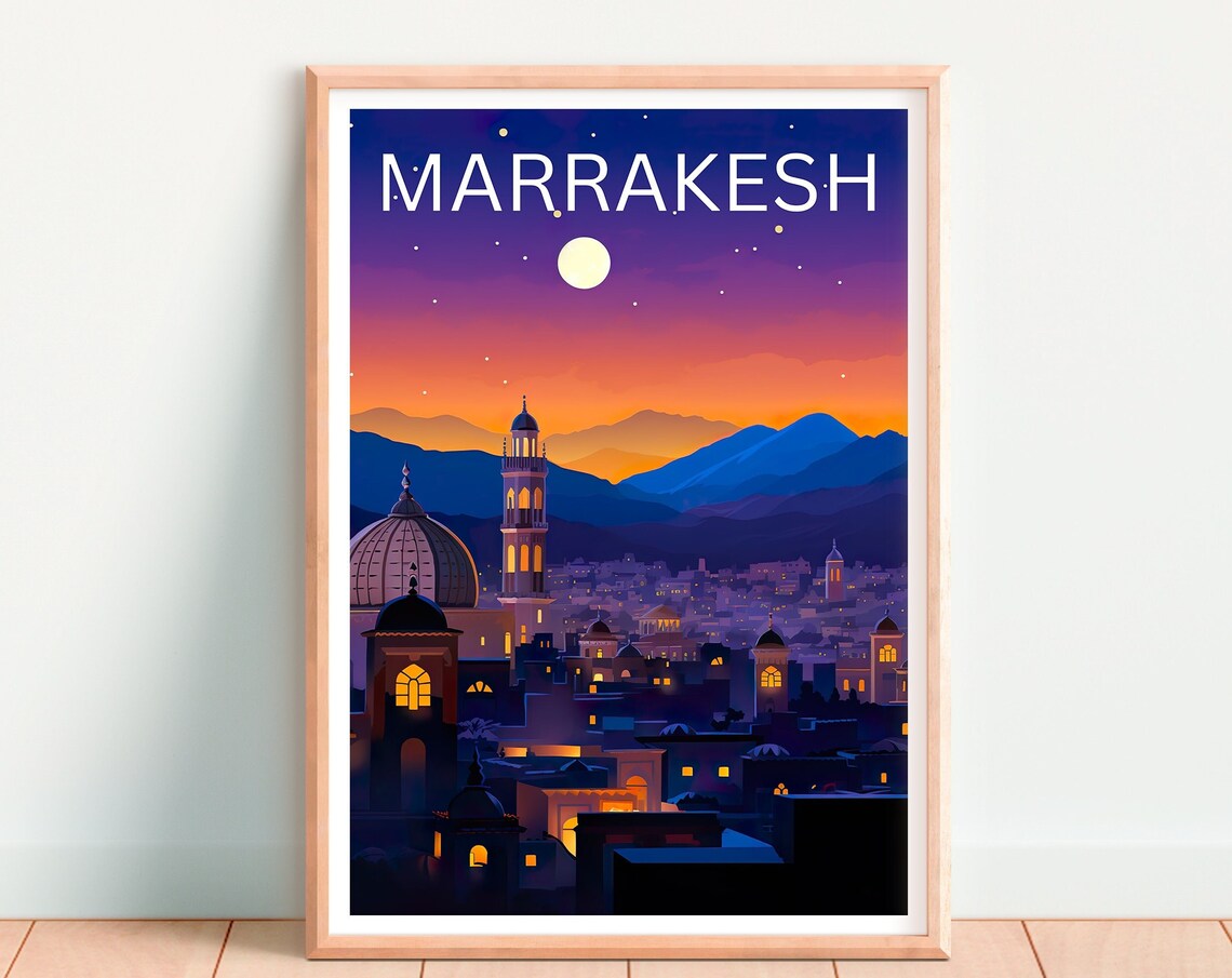 Marrakesh Morocco Old City Night Moon Atlas Mountains Poster - Image 4