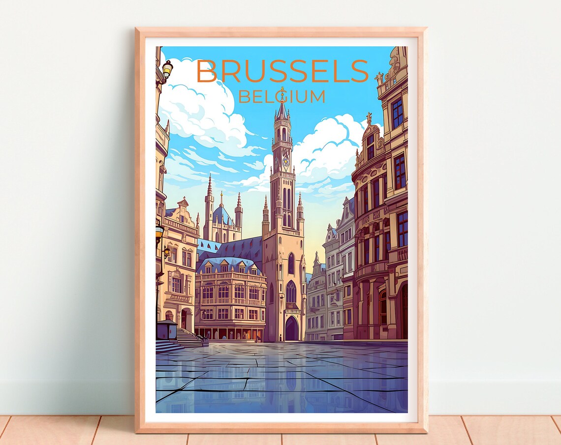 Brussels Belgium Grand Place Town Hall Tower Morning Travel Poster - Image 4