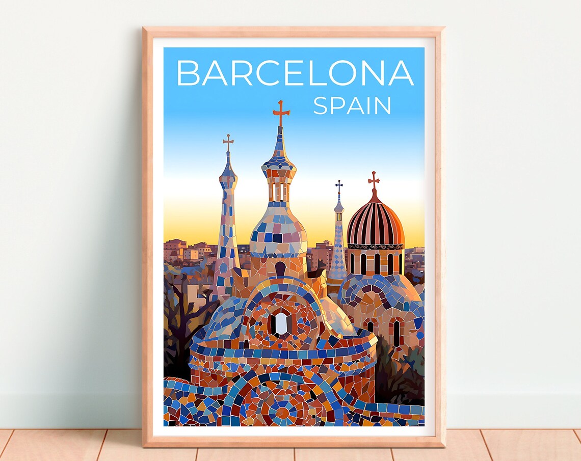 Barcelona Travel Poster, Spain City Park Guell Art Print - Image 4