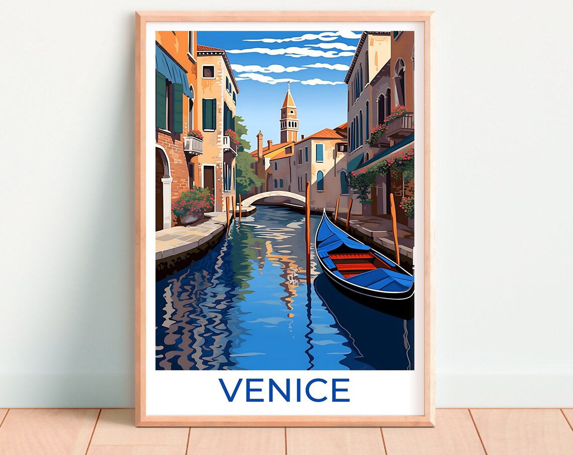 Venice Italy Gondola Canal Sunlit Old Town Bell Tower Travel Poster