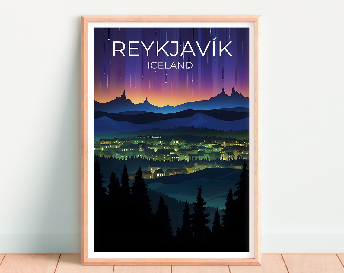 Reykjavik Iceland Northern Lights Night Sky Mountain City Poster - Image 4