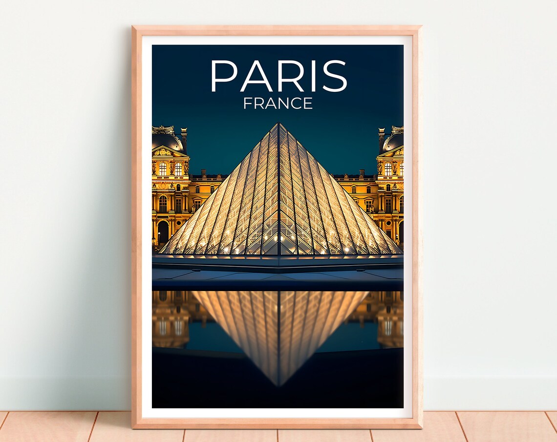 Paris France Louvre Pyramid Night Lights Reflection Travel Poster - Image 4