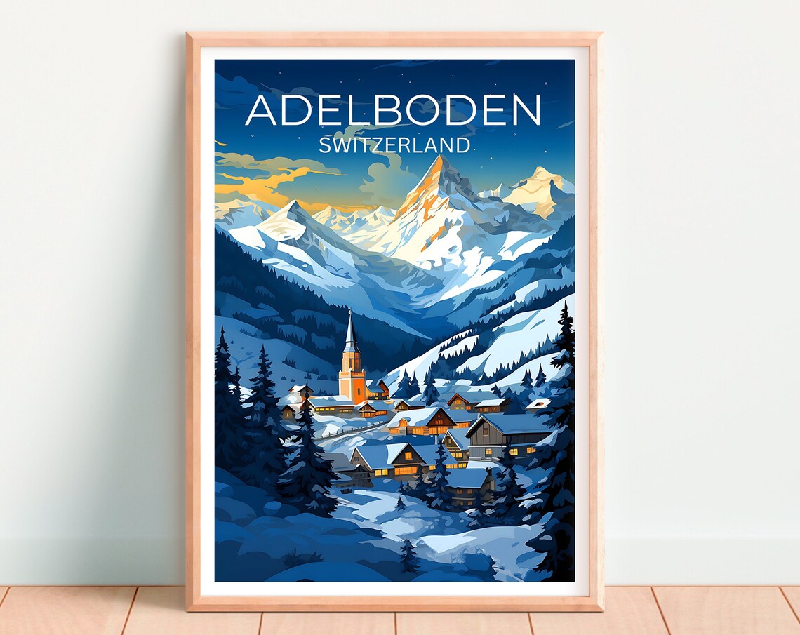 Adelboden Switzerland Snowy Alpine Village Church Night Lights Poster - Image 4