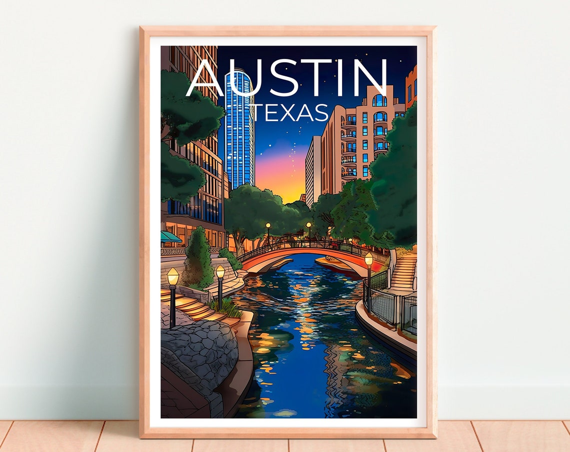 Austin Texas Nighttime River Walk Skyline Bridge Travel Poster - Image 4