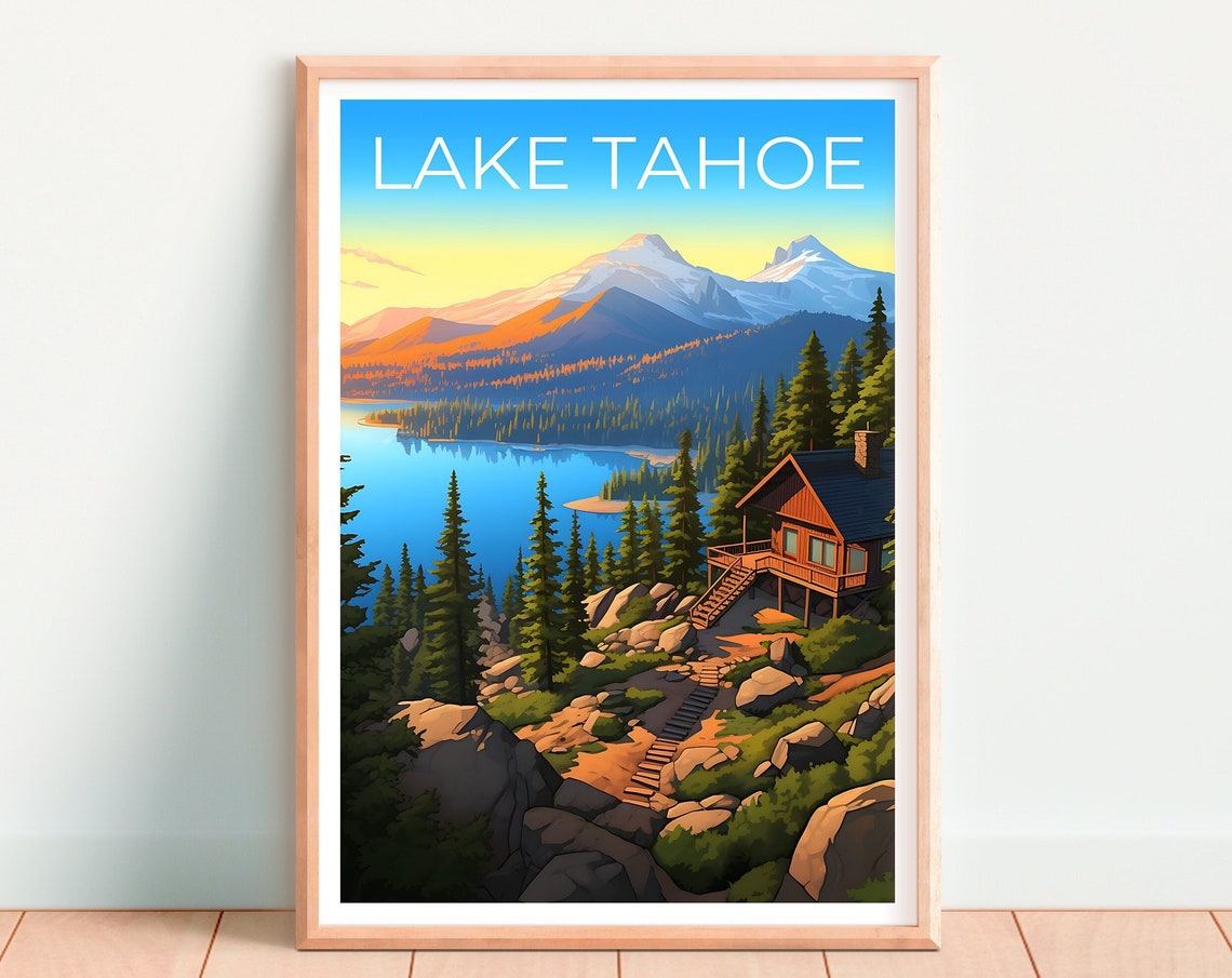 Lake Tahoe Rocky Shoreline Sunset Reflection Mountains View Poster - Image 4