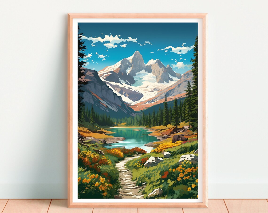 Swiss Alps Snowy Glacier Peak Wildflower Meadow Lake Trail Poster - Image 4