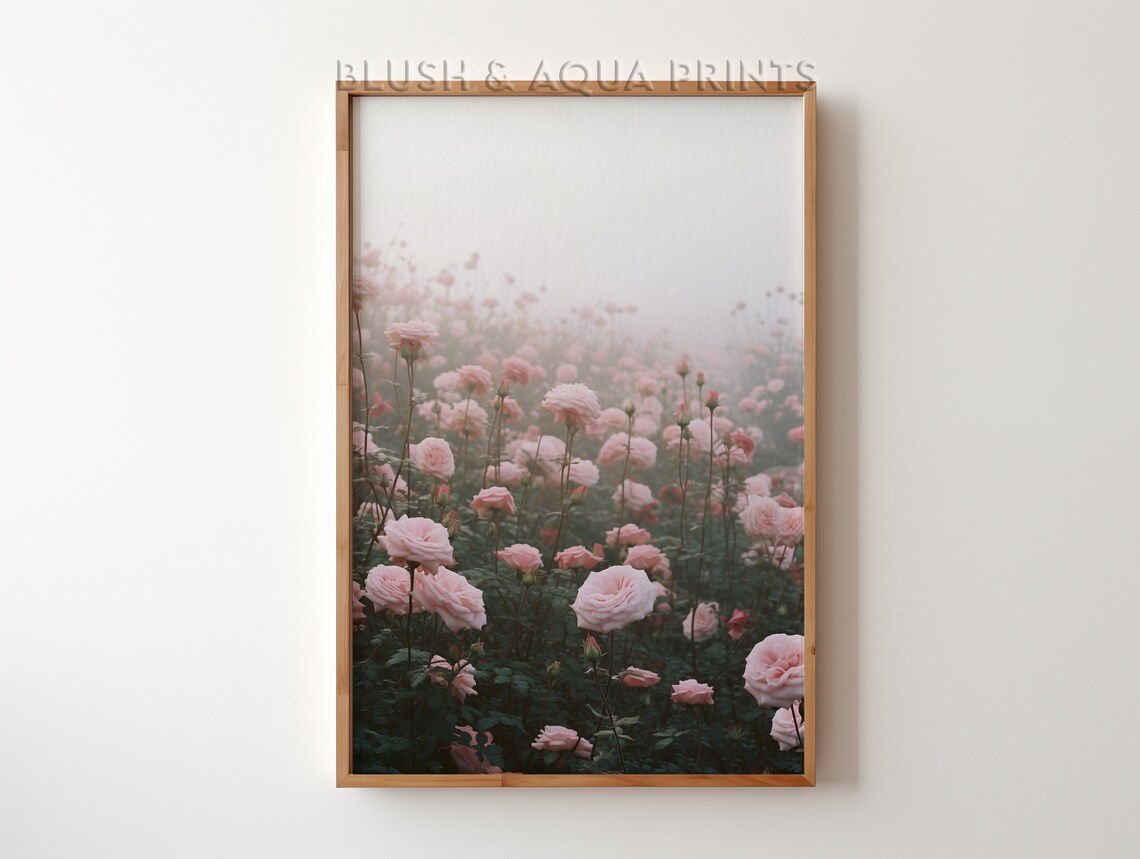 Misty Blush Pink Rose Garden in Soft Fog Romantic Botanical Poster