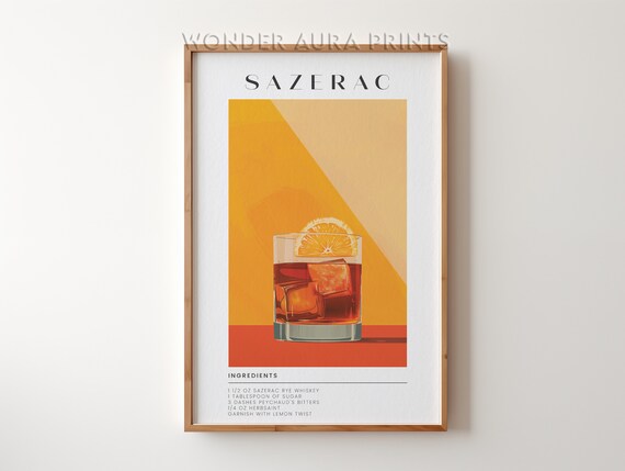 Sazerac Rye Whiskey Cocktail Recipe Warm Orange Retro Bar Cart Poster