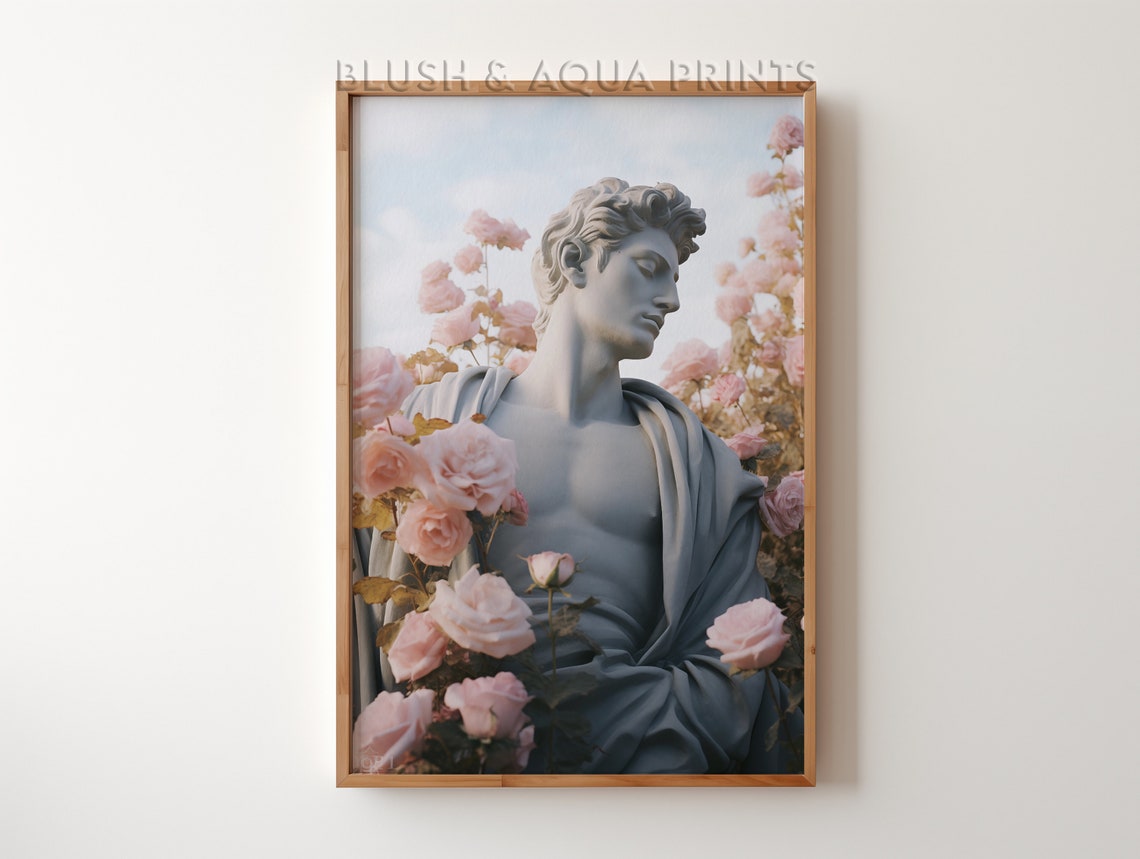 Ancient Greek God Marble Statue Surrounded by Pink Roses Art Print
