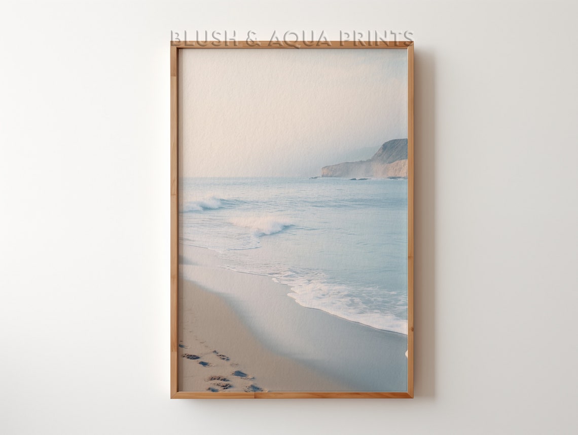 Foggy Coastal Beach With Footprints Misty Shoreline Wall Art