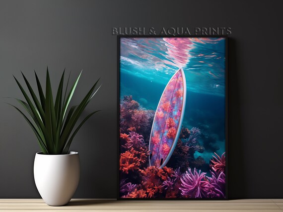 Underwater Pink Surfboard Coral Reef Dreamy Coastal Surf Wall Poster